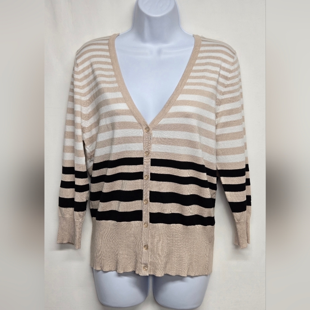 Pina Rossi L Striped Button Down Cardigan Sweater 1/2 Sleeve V Neck